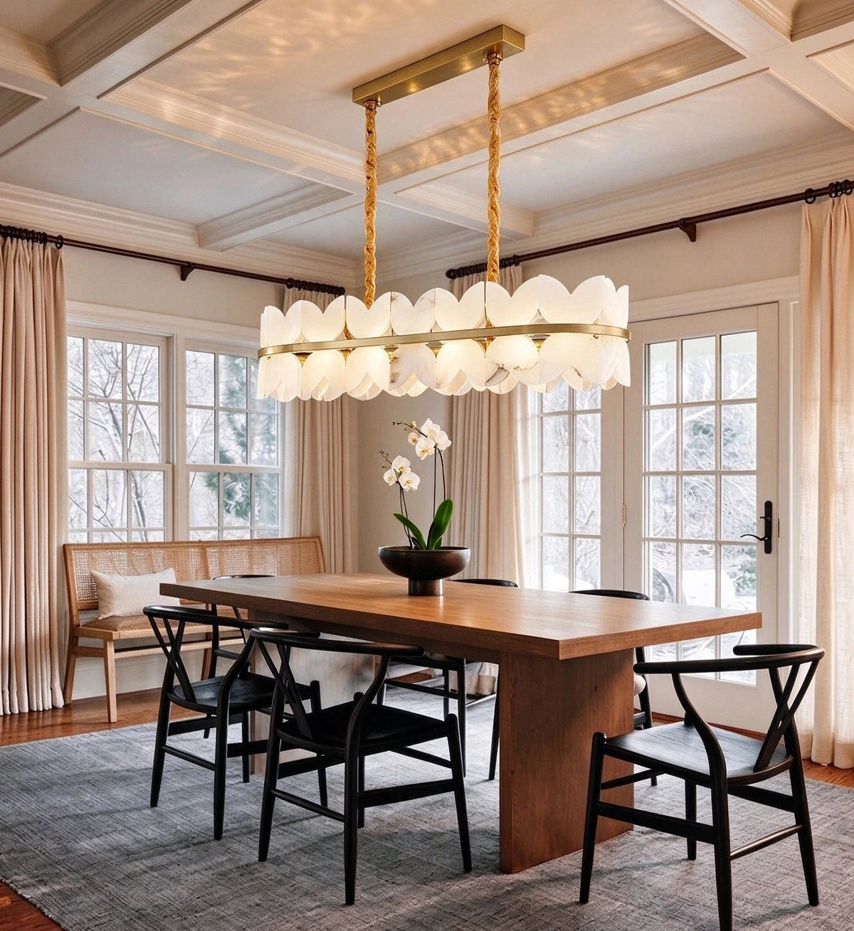 Modern Long Brass Band Chandelier in Cozy Dining Room Setting