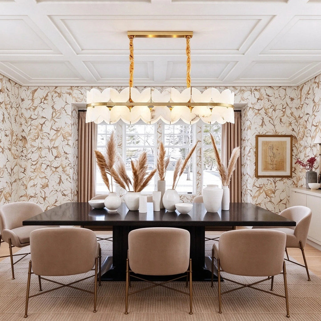Modern Alabaster Linear Chandelier in Formal Dining Room