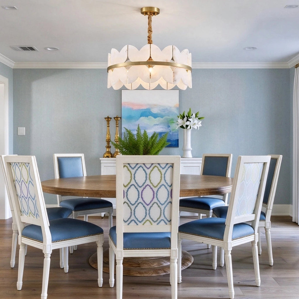 Modern Brass Band Chandelier in Formal Dining Room