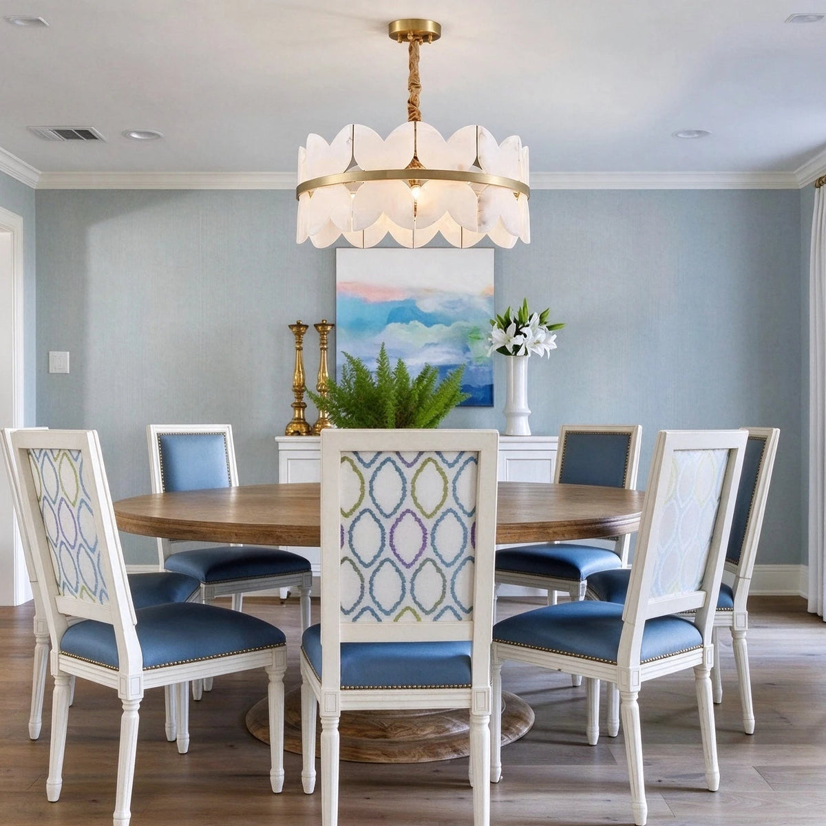 Modern Brass Band Chandelier in Formal Dining Room