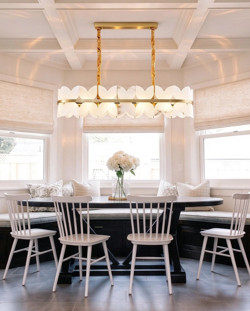 Modern Long Brass Band Chandelier in Bright Open Concept Space