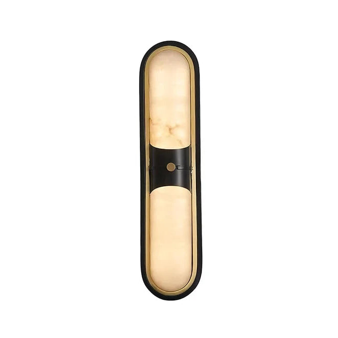 Modern Black Frame and Alabaster Double Oval Wall Sconce with Center Metal Accent and Warm Light on Pure White Background