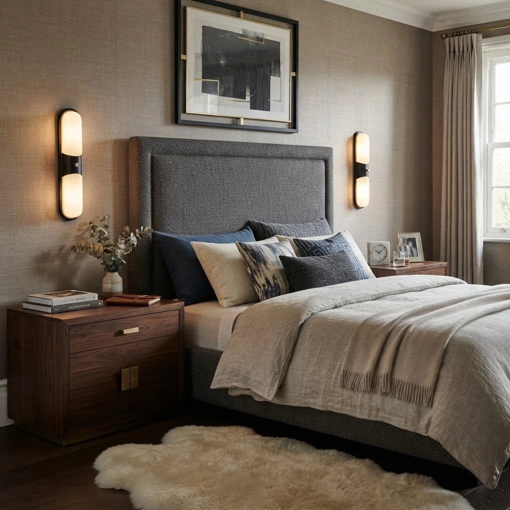 Modern Alabaster Double Oval Wall Sconce in Luxury Master Bedroom