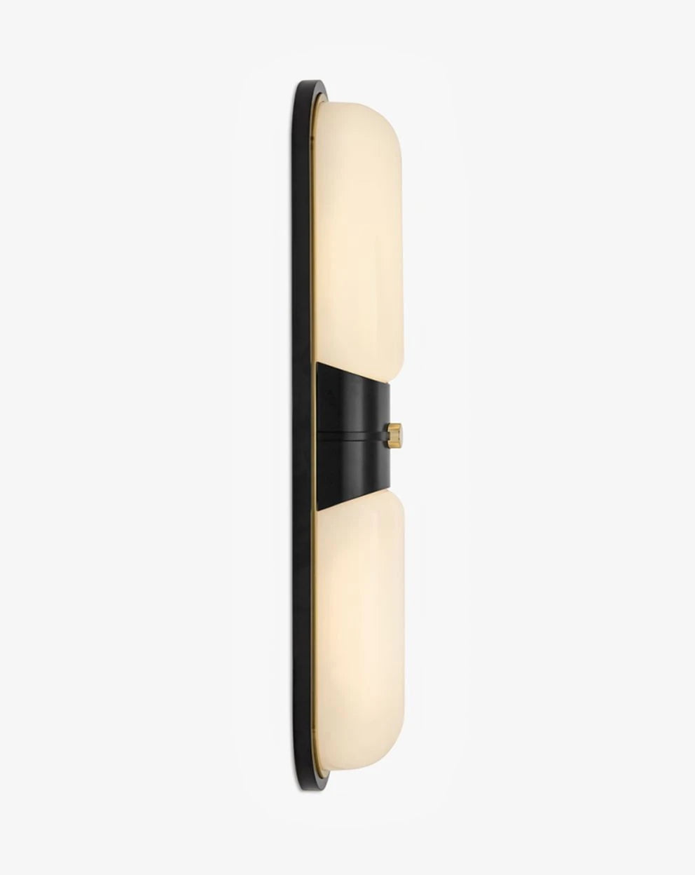 Illuminated Modern Black Frame Alabaster Wall Sconce Side View Studio Shot