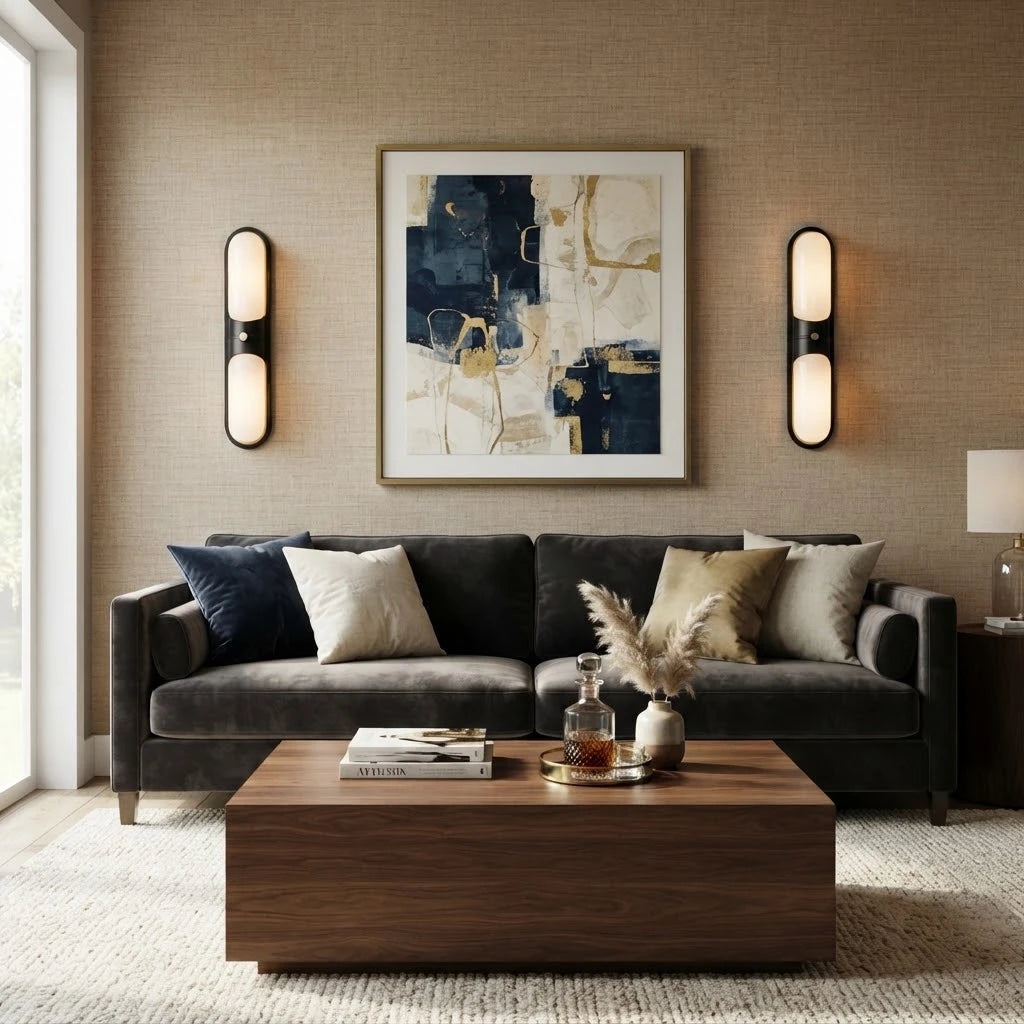 Modern Black Frame Alabaster Wall Sconce in Contemporary Living Room