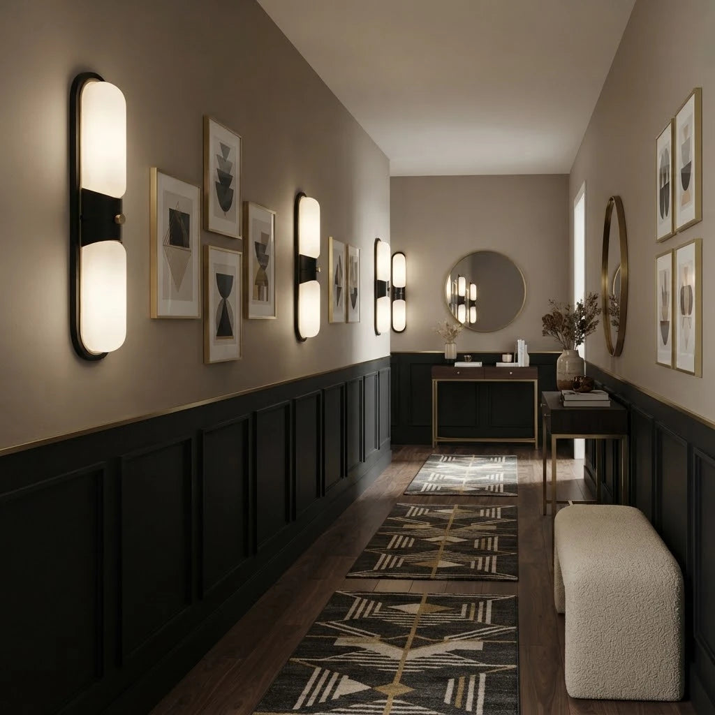 Modern Black Frame Alabaster Wall Sconce in Grand Foyer Corridor
