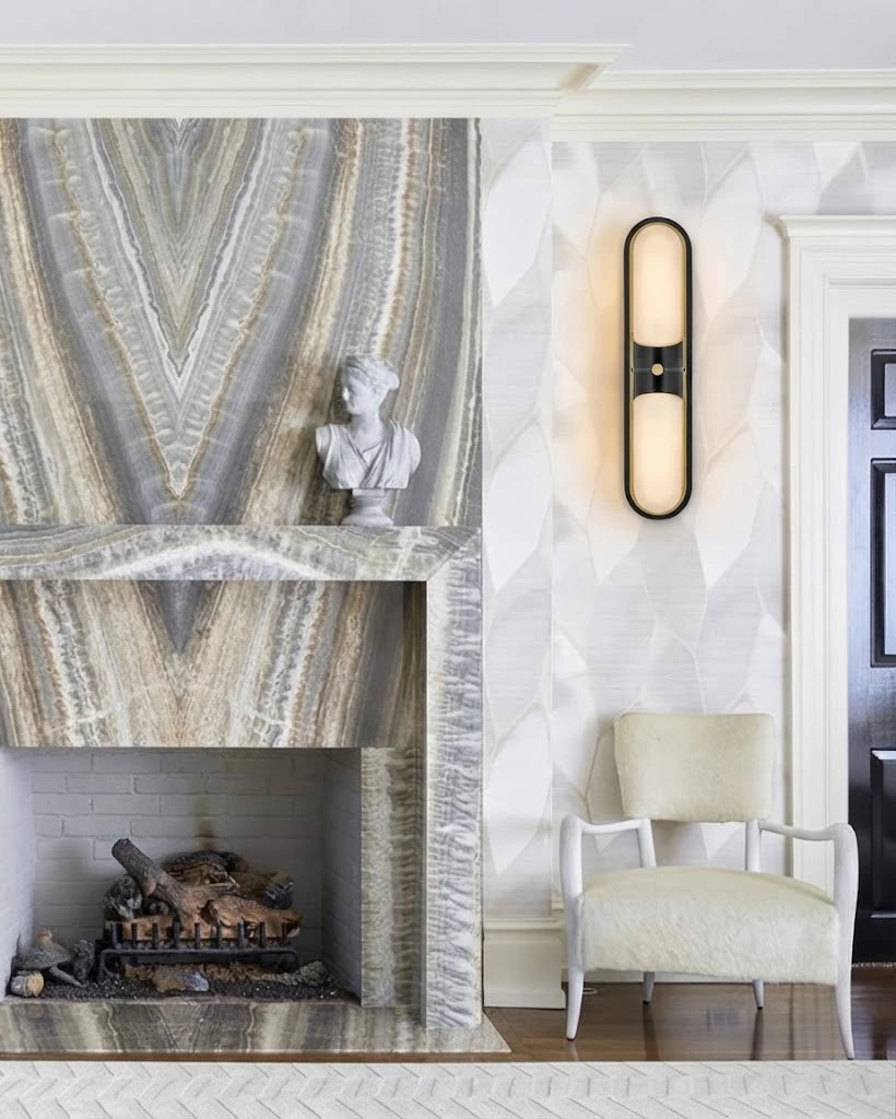 Modern Alabaster Double Oval Wall Sconce in Sophisticated Living Room Setting