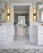 Modern Black Frame Alabaster Wall Sconce in Luxury Bathroom Interior