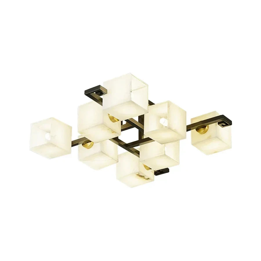 Modern Multi-Head Square Alabaster Flush Mount Ceiling Light with Warm Light on Pure White Background