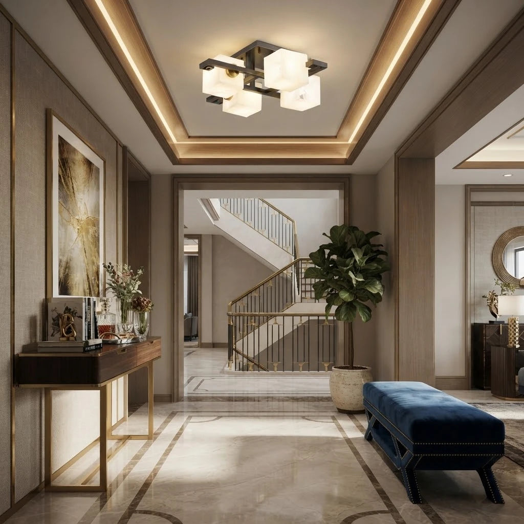 Modern Alabaster Ceiling Light in Grand Hallway Corridor Setting