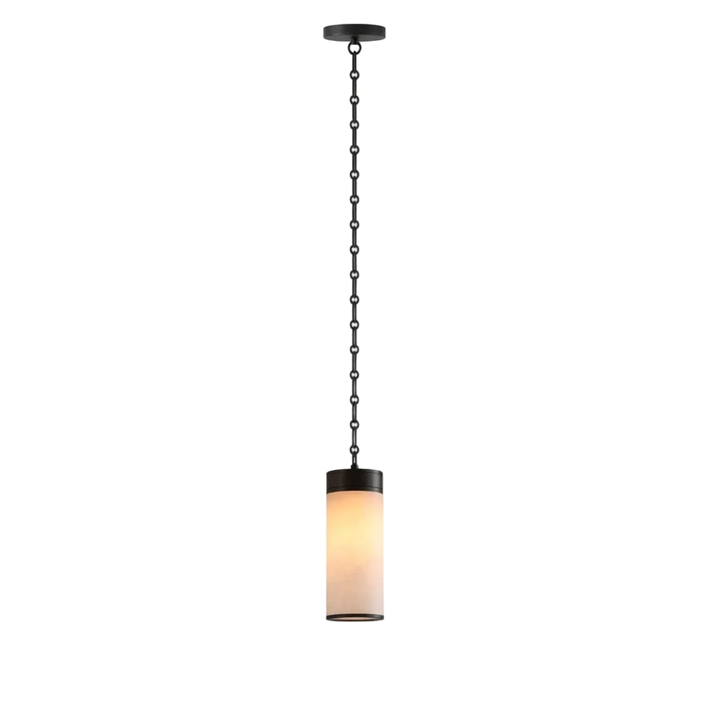 Modern Black Frame Alabaster Cylinder Pendant Light with Black Hardware on Pure White Background