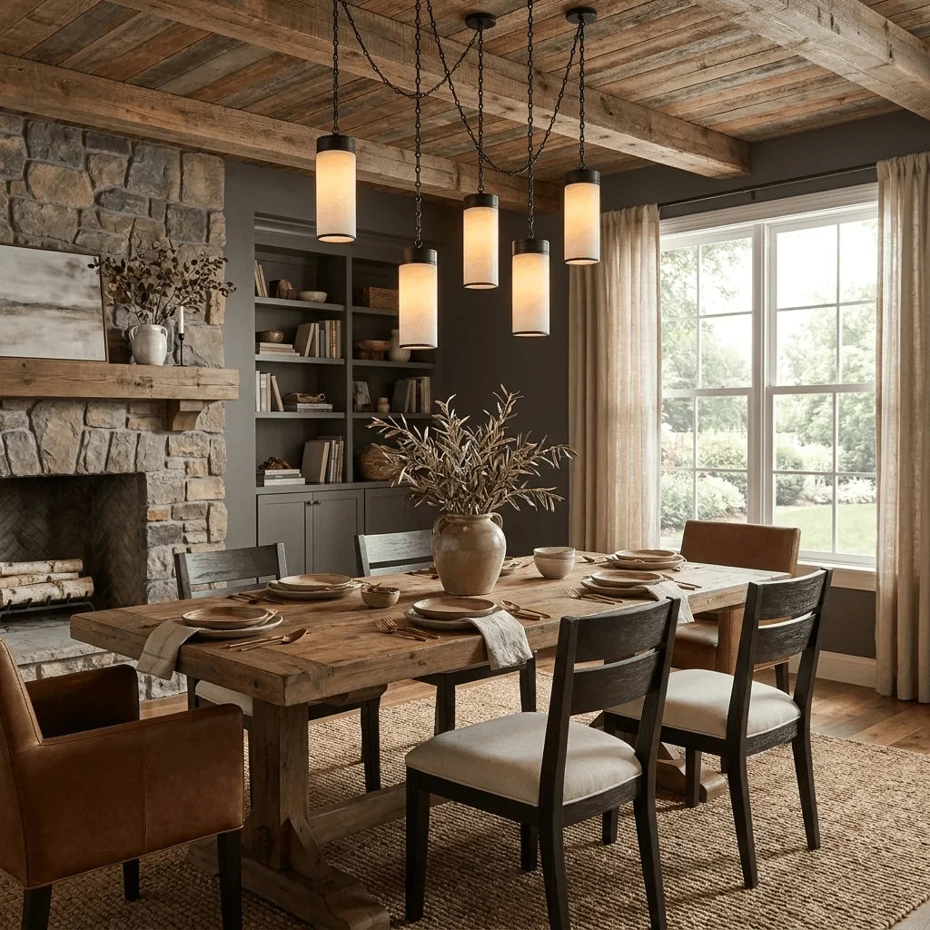 Modern Alabaster Cylinder Pendant Light in Rustic Dining Room