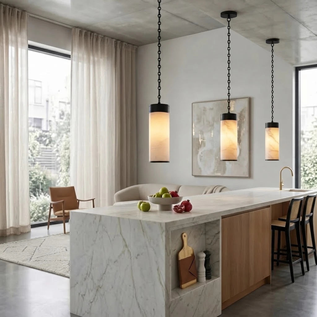 Modern Black Frame Alabaster Pendant Light Near Window Light