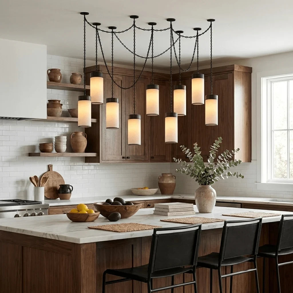 Modern Black Frame Multi-Light Alabaster Chandelier in Open Kitchen