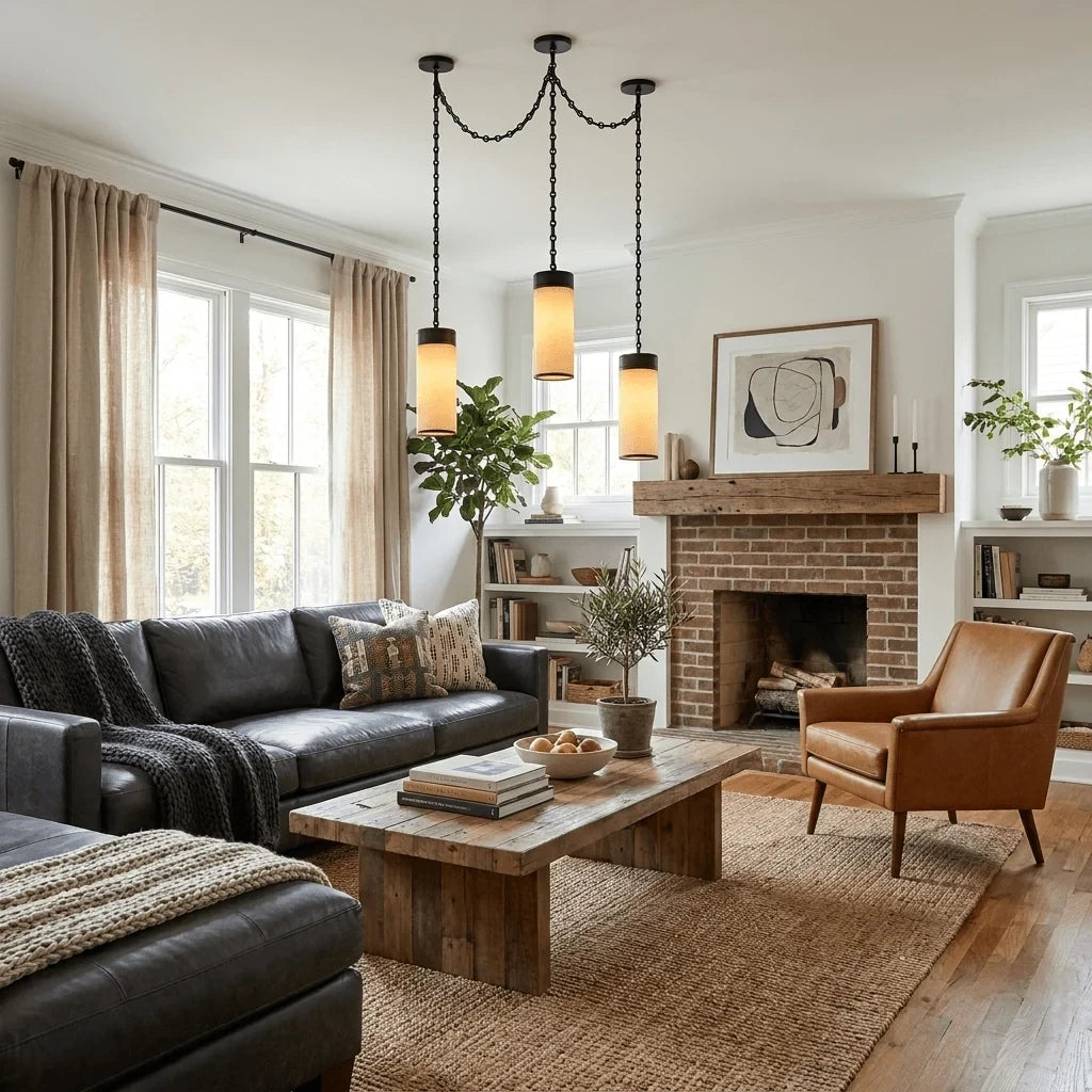 Modern Alabaster Cylinder Pendant Light in Living Room Setting