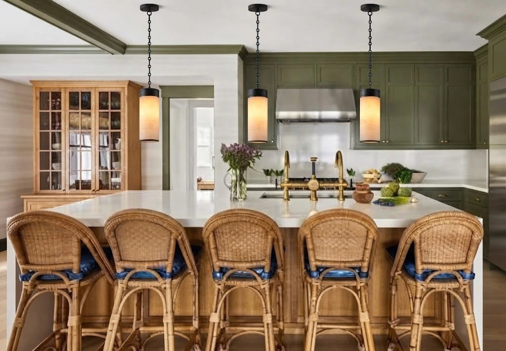 Modern Alabaster Cylinder Pendant Light Over Kitchen Island