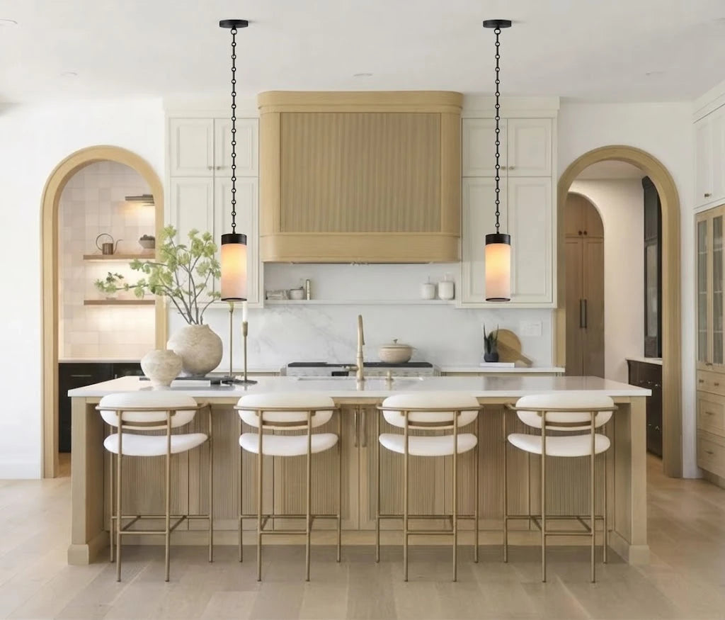 Modern Black Frame Alabaster Cylinder Pendant Light in Contemporary Kitchen