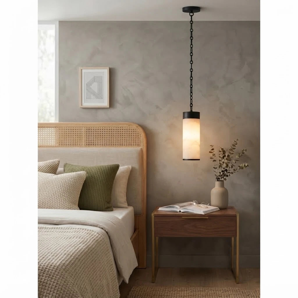 Modern Alabaster Cylinder Pendant Light in Master Bedroom Setting