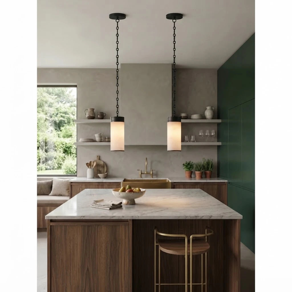Modern Black Frame Alabaster Pendant Light Over Dining Table