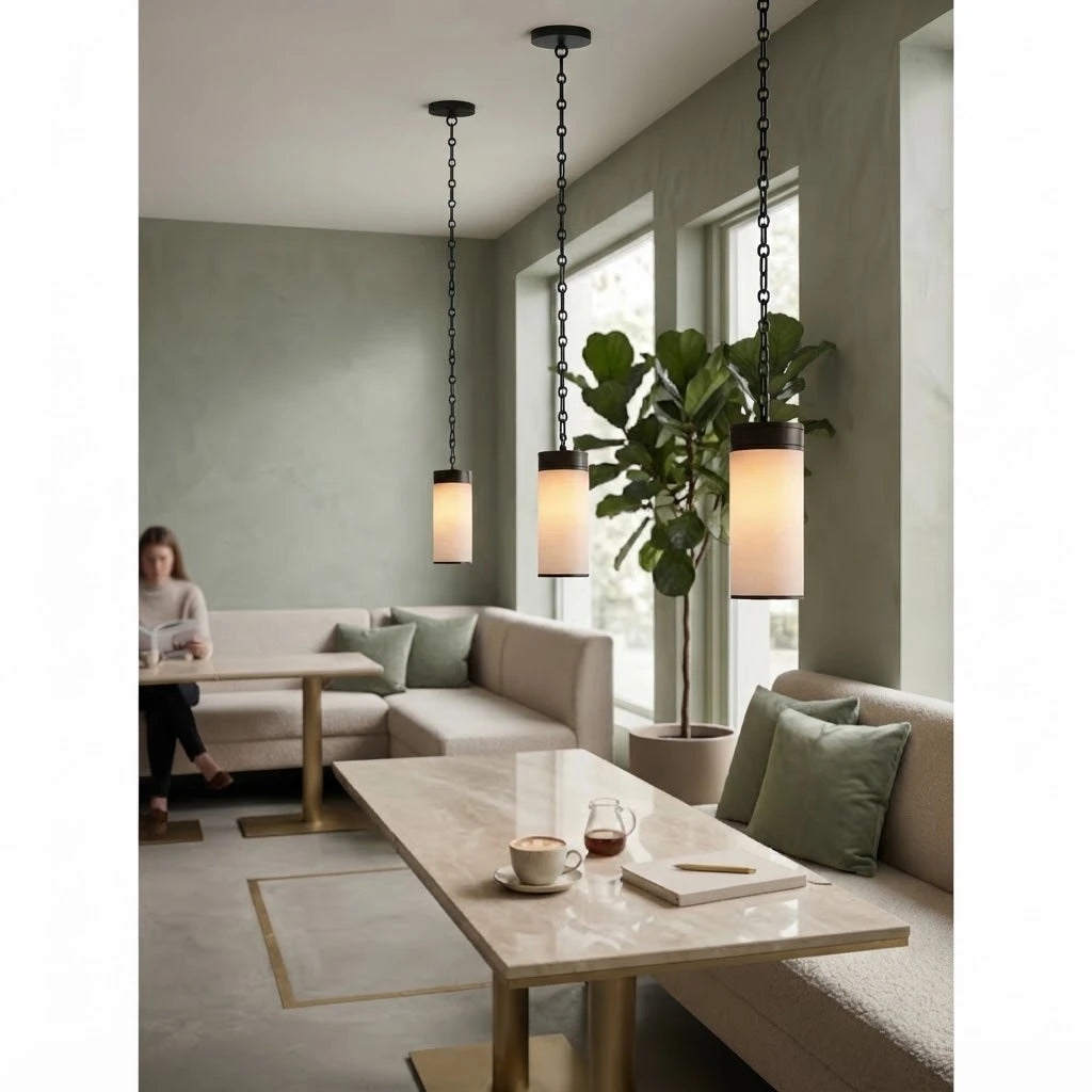 Modern Black Frame Alabaster Pendant Light in Bright Dining Space