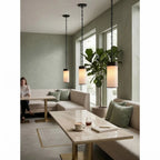 Modern Black Frame Alabaster Pendant Light in Bright Dining Space