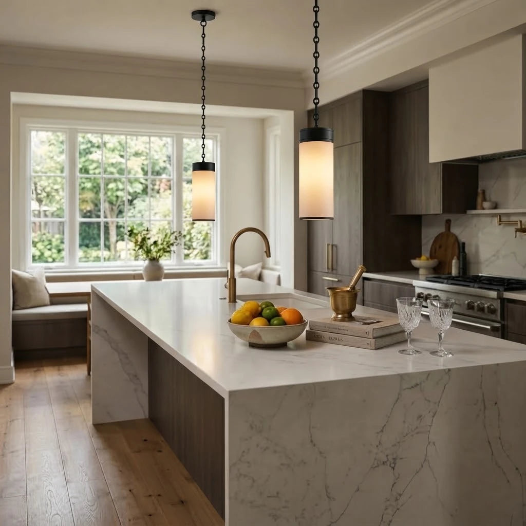 Modern Alabaster Cylinder Pendant Light Over Kitchen Breakfast Bar