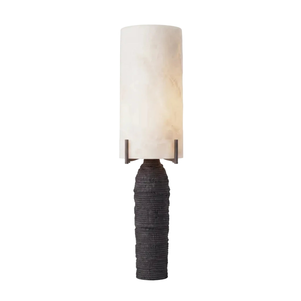 Modern Textured Black Base and Alabaster Cylinder Table Lamp with Warm Light on Pure White Background