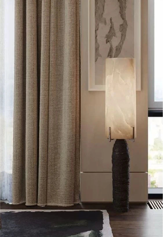 Modern Alabaster Cylinder Table Lamp in Master Bedroom Interior