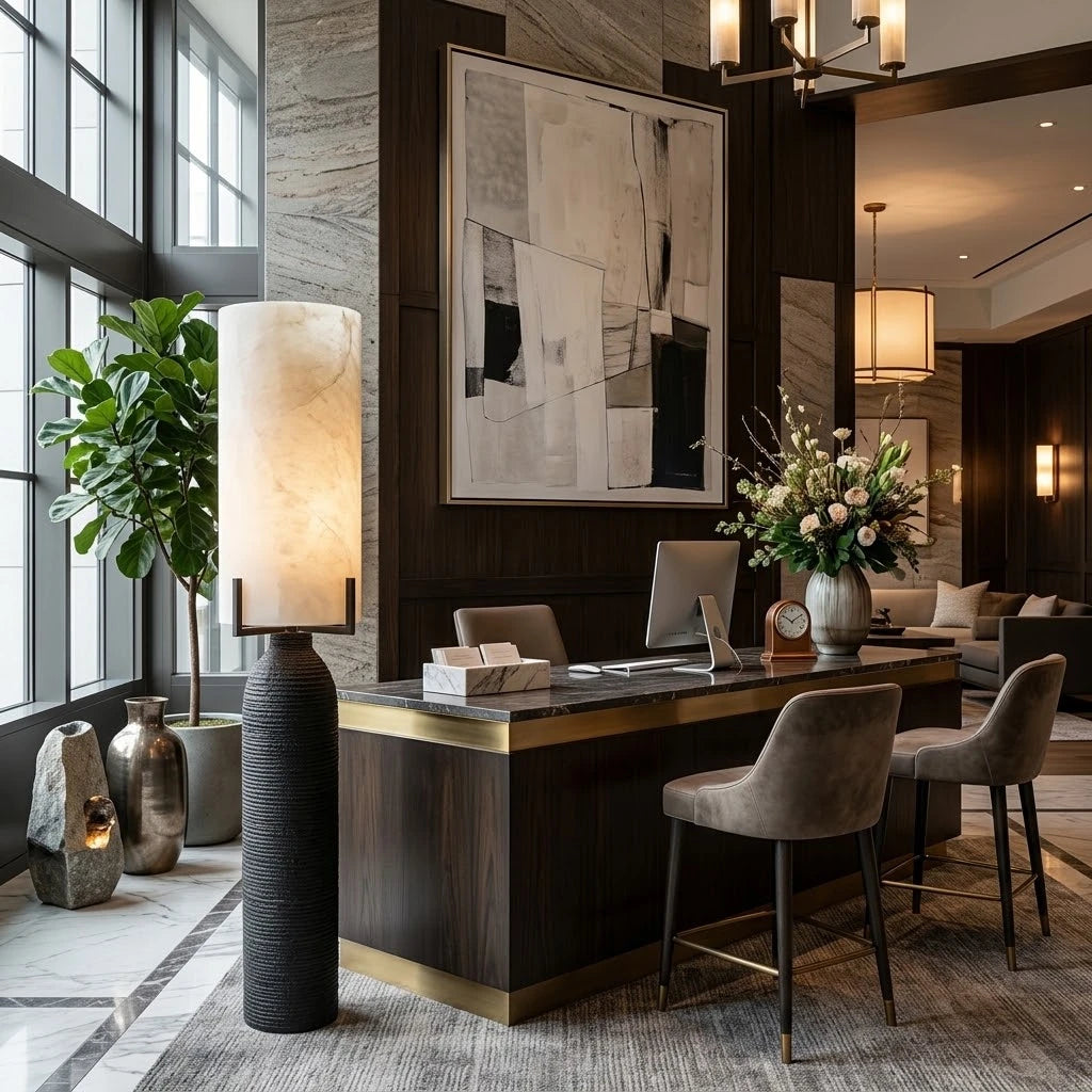 Modern Textured Black Base Table Lamp in Sophisticated Home Office