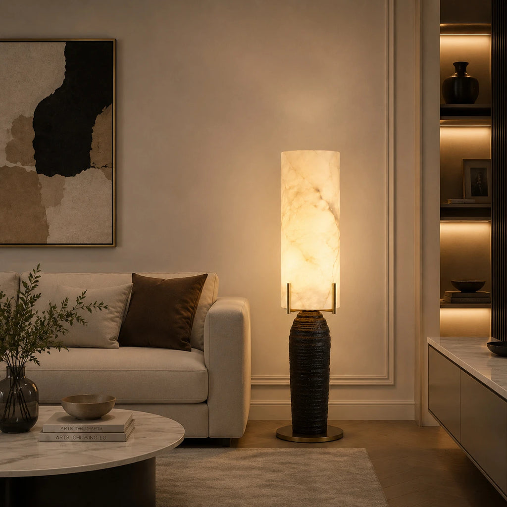 Modern Alabaster Cylinder Table Lamp in Contemporary Living Area