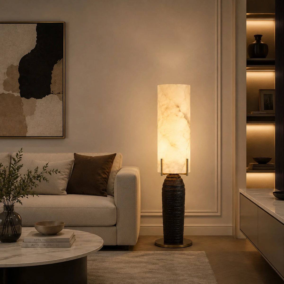 Modern Alabaster Cylinder Table Lamp in Contemporary Living Area