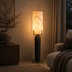 Modern Textured Black Base Table Lamp in Cozy Bedroom Setting