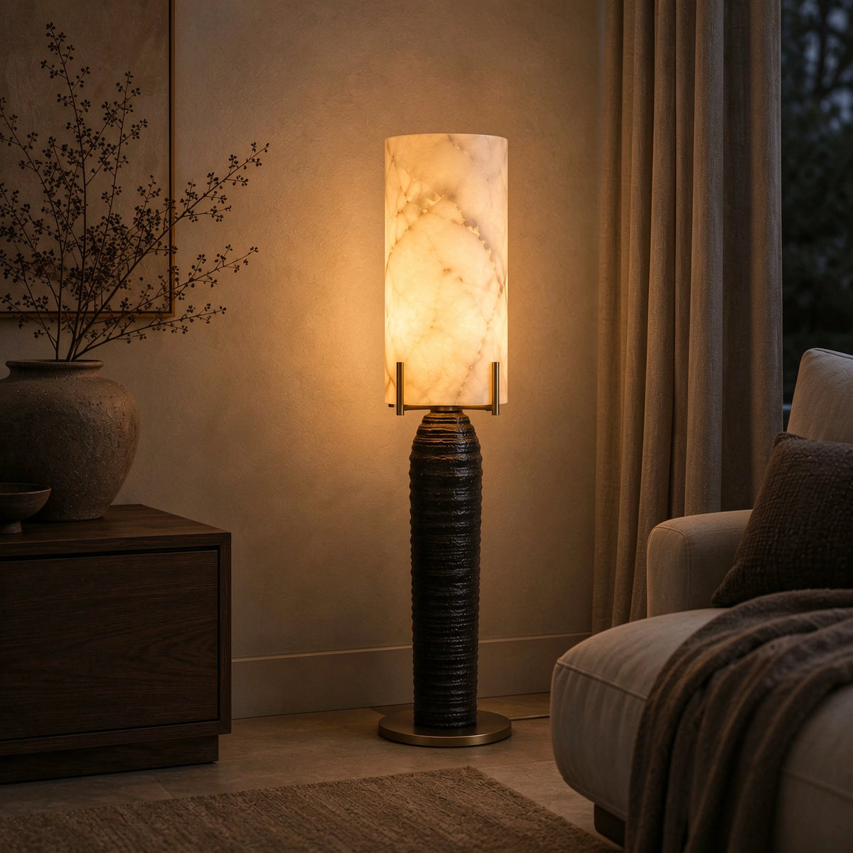 Modern Textured Black Base Table Lamp in Cozy Bedroom Setting