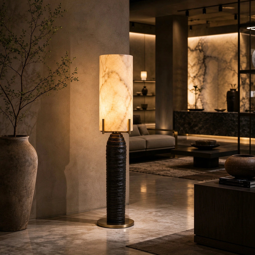 Modern Alabaster Cylinder Table Lamp in Designer Open Concept Space