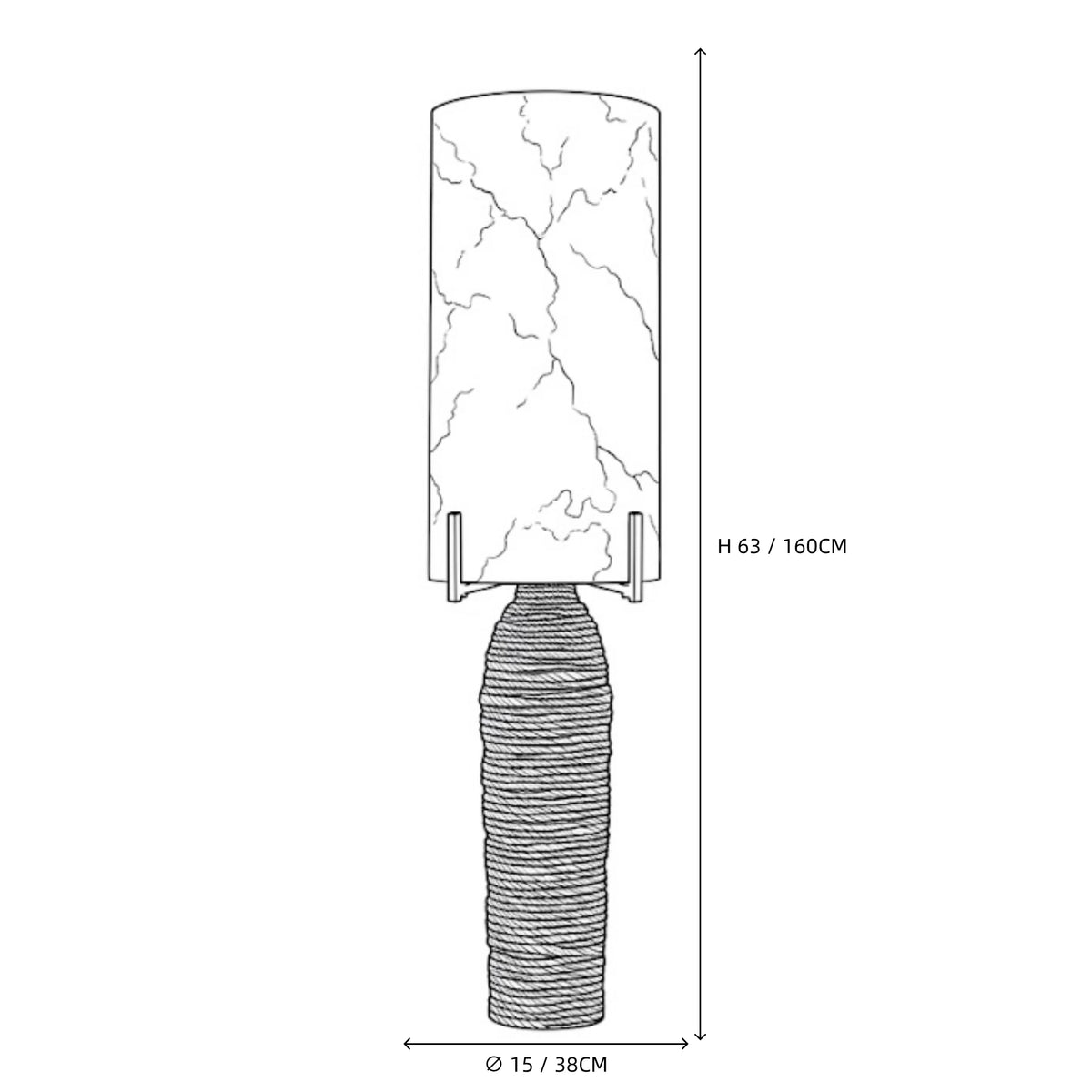 Modern Textured Black Base and Alabaster Cylinder Table Lamp Line Art Dimension Diagram