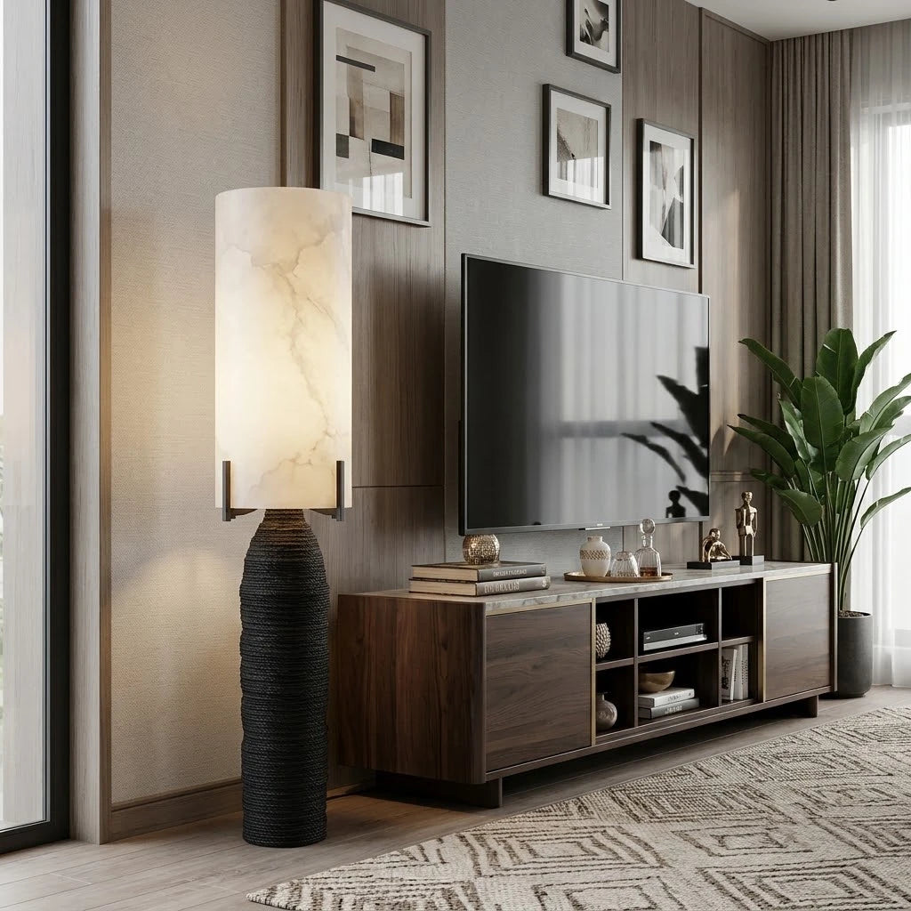 Modern Alabaster Cylinder Table Lamp in Sophisticated Living Room Setting