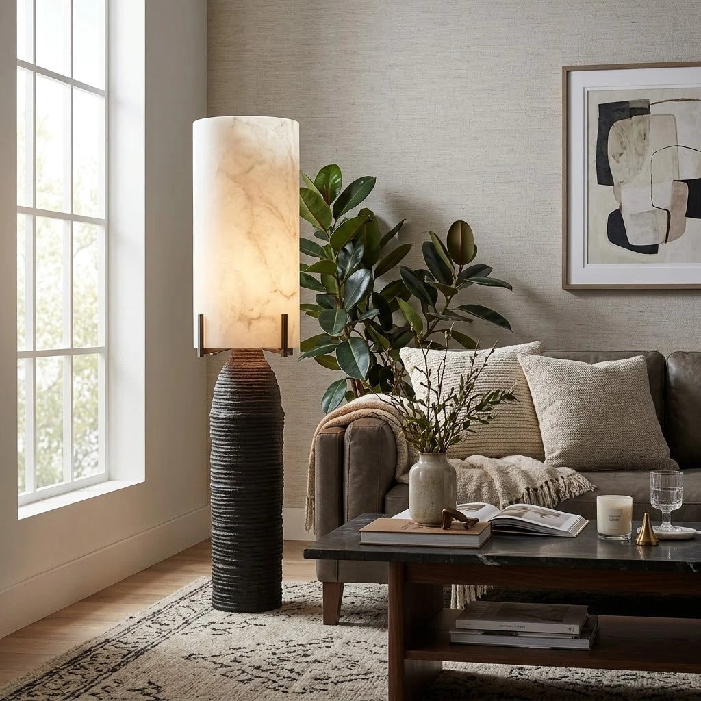 Modern Alabaster Cylinder Table Lamp in Cozy Living Area