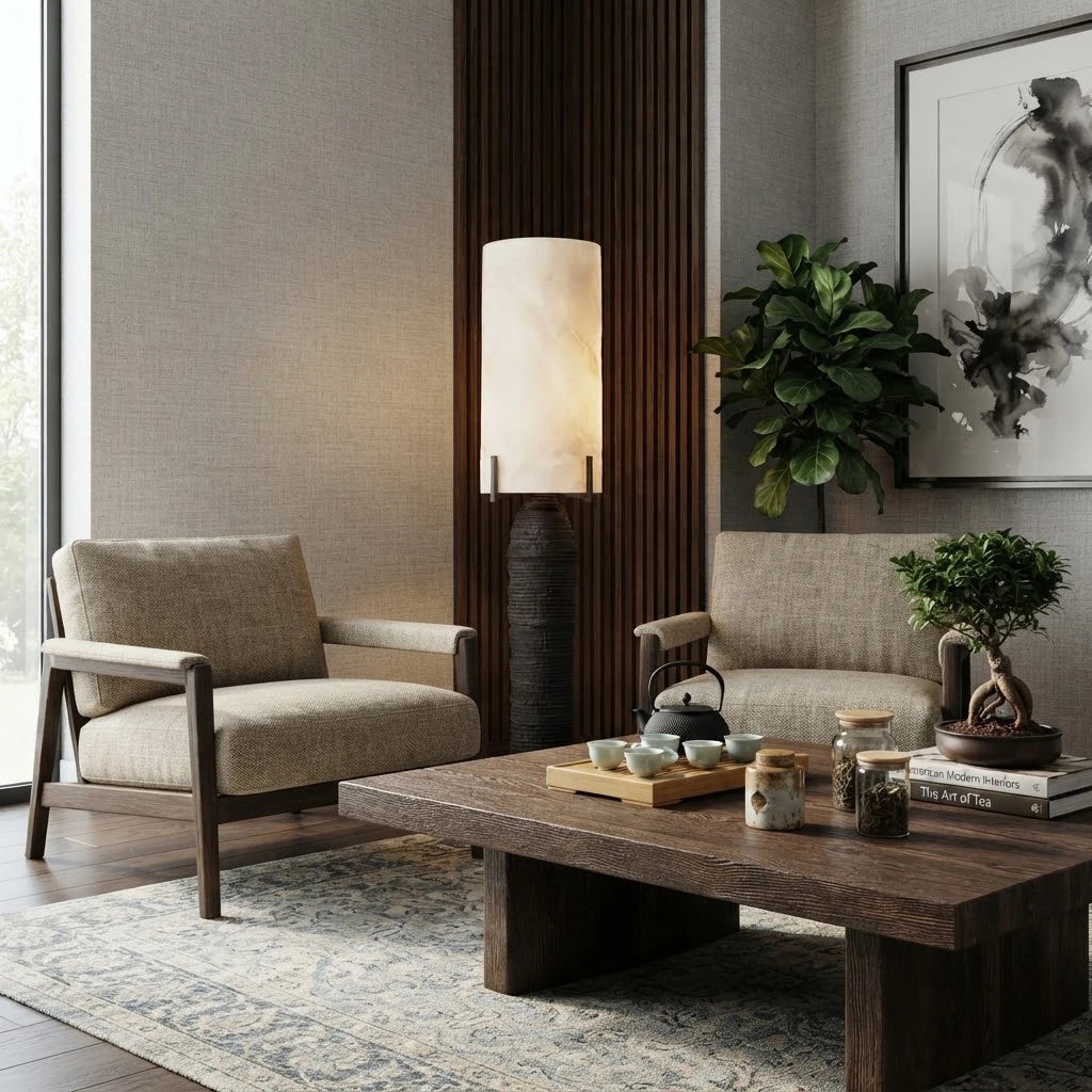Modern Alabaster Cylinder Table Lamp in Designer Tea Room Setting