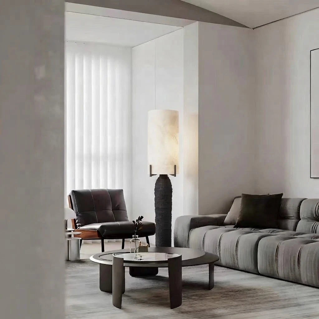 Modern Textured Black Base Table Lamp in Elegant Living Space