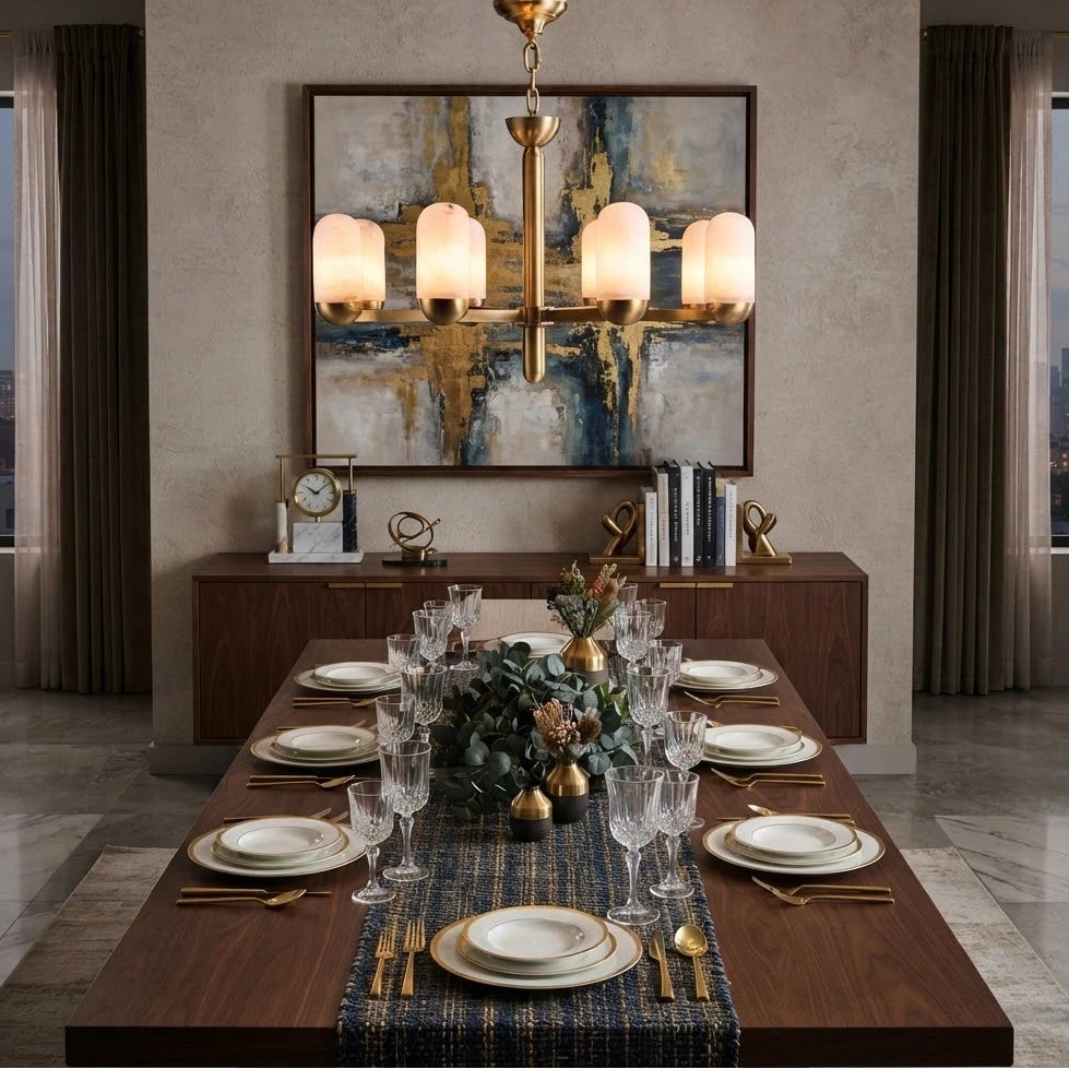 Modern Brass Chandelier in Designer Dining Interior