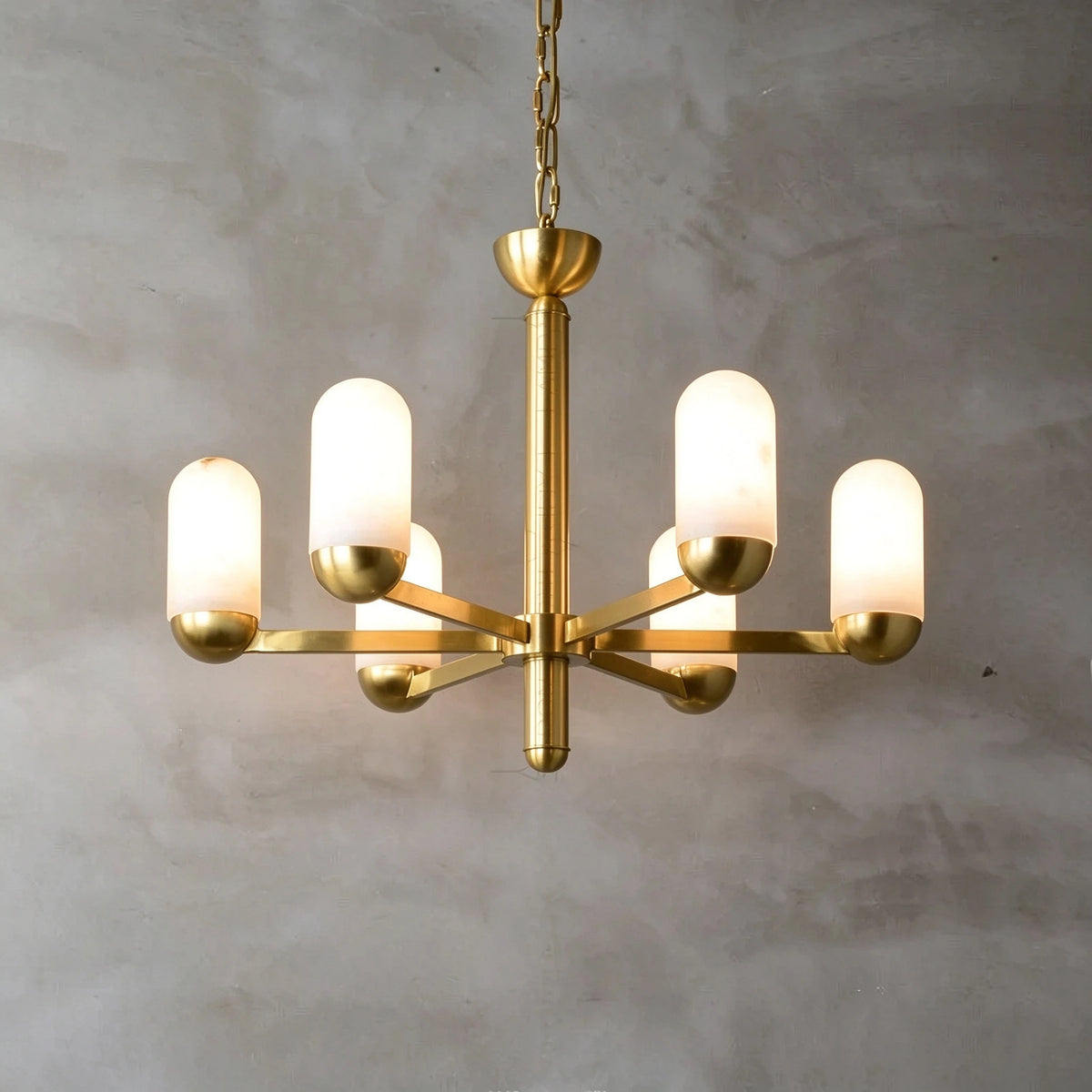 Illuminated Modern Brass Multi-Head Alabaster Chandelier Studio Shot on Grey Background