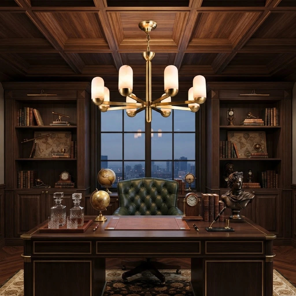 Modern Alabaster Cylinder Chandelier in Executive Office Setting
