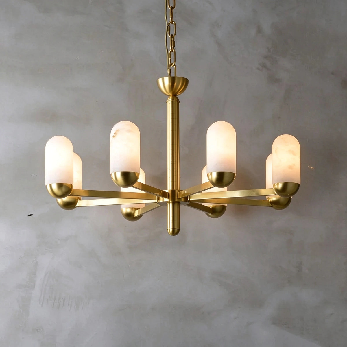 Illuminated Modern Alabaster Cylinder Chandelier Side View Display