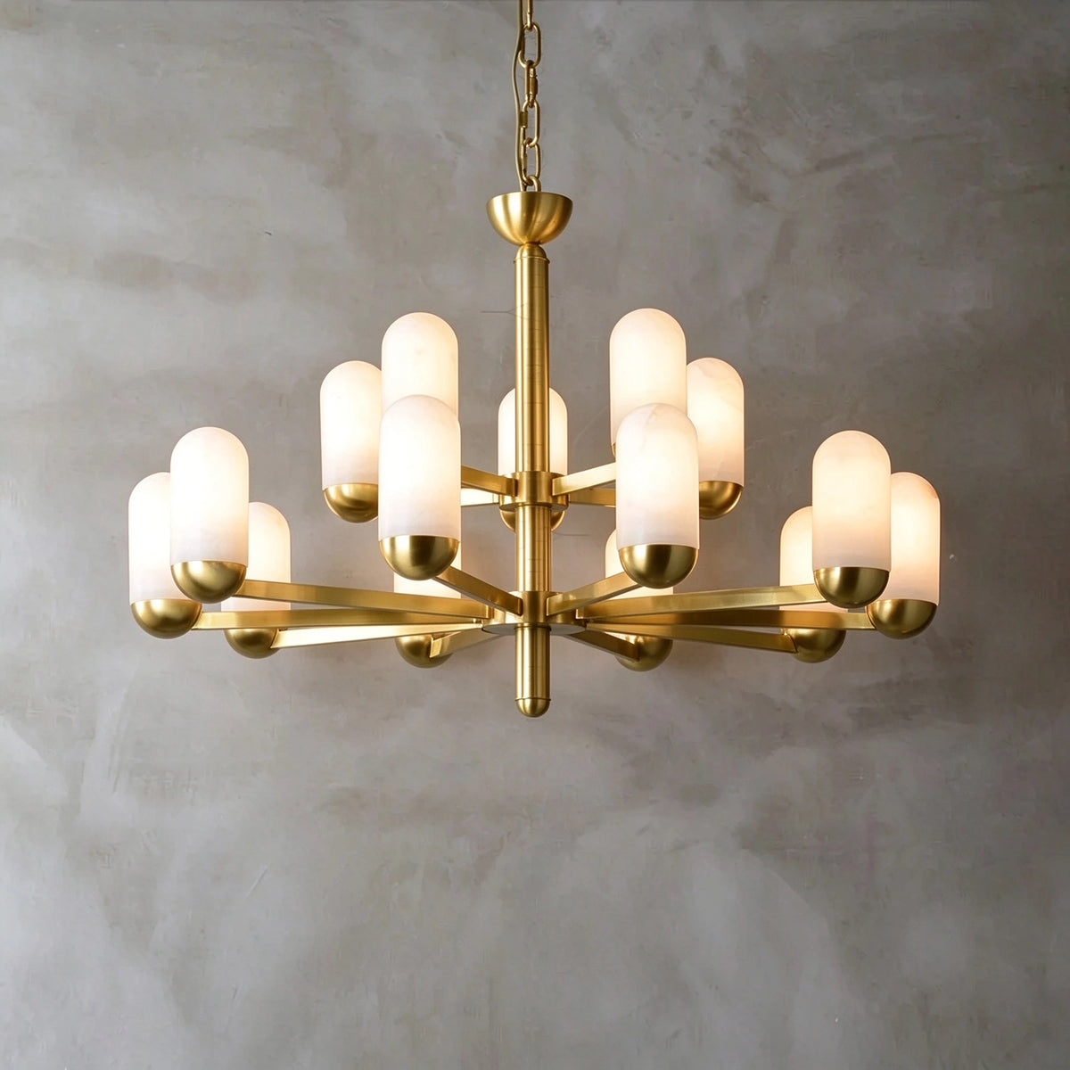 Illuminated Modern Brass Chandelier Full View Studio Display