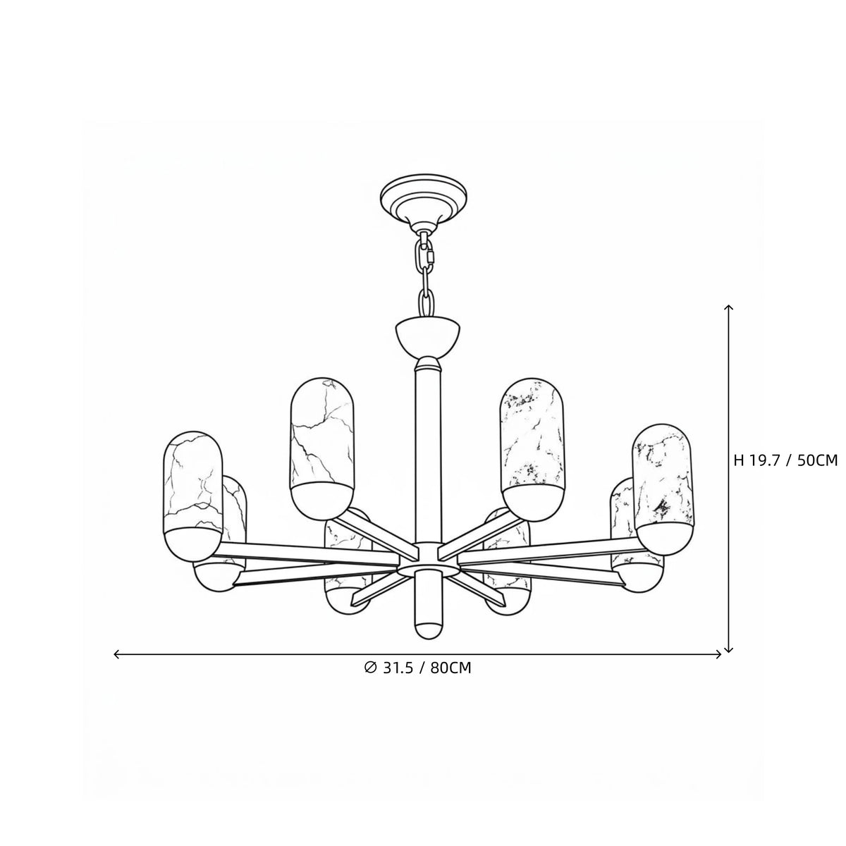 Modern Brass Multi-Head Alabaster Cylinder Chandelier Line Art Dimension Diagram