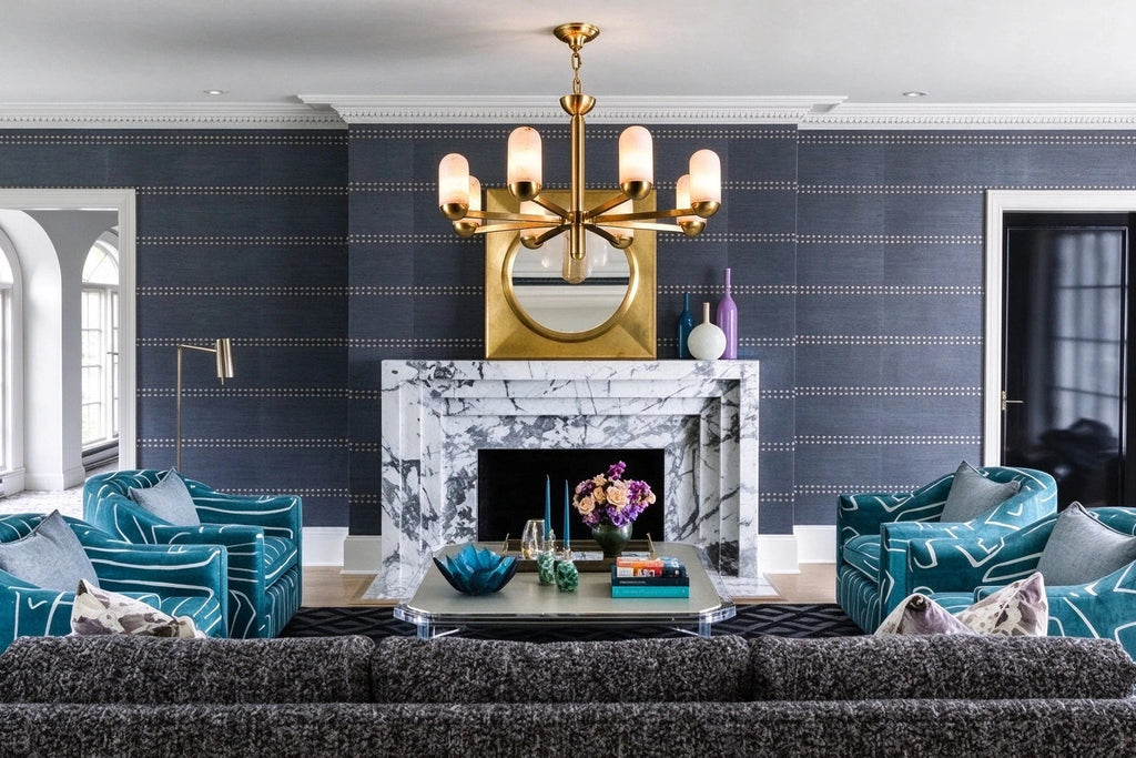 Modern Alabaster Cylinder Chandelier in Grand Living Room Setting