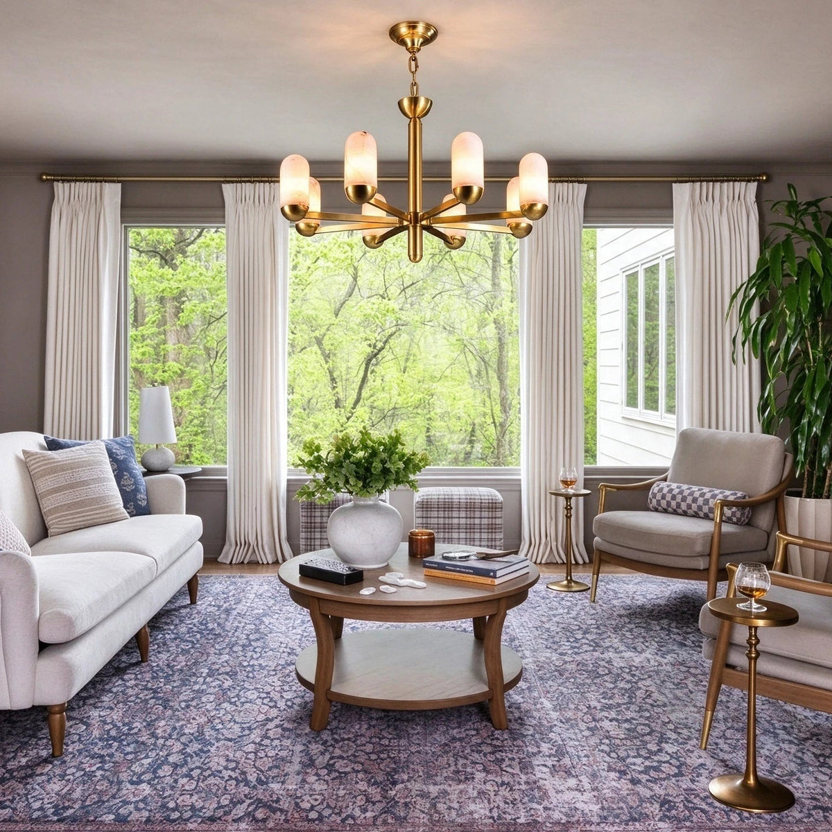 Modern Brass Chandelier in Bright Contemporary Living Area