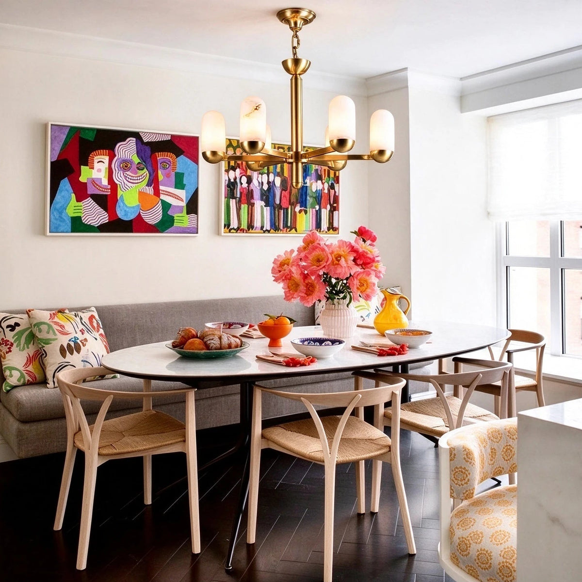 Modern Alabaster Cylinder Chandelier in Formal Dining Room