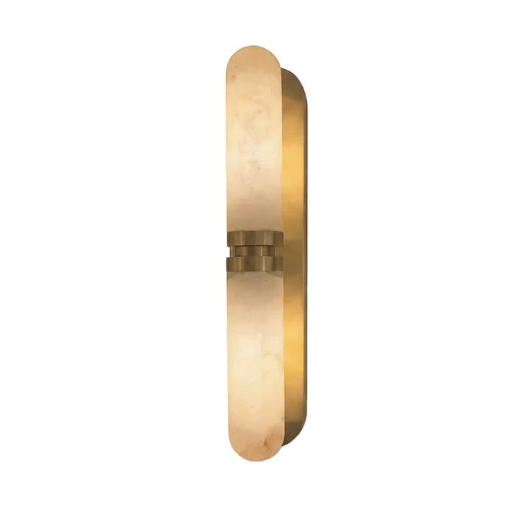 Modern Oval Alabaster and Brass Center Band Wall Sconce with Warm Light on Pure White Background   