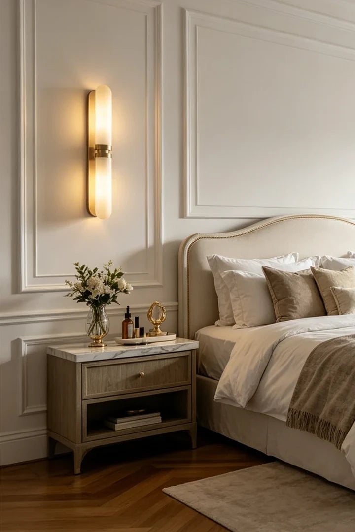 Modern Brass Alabaster Wall Sconce in Elegant Bedroom Decor